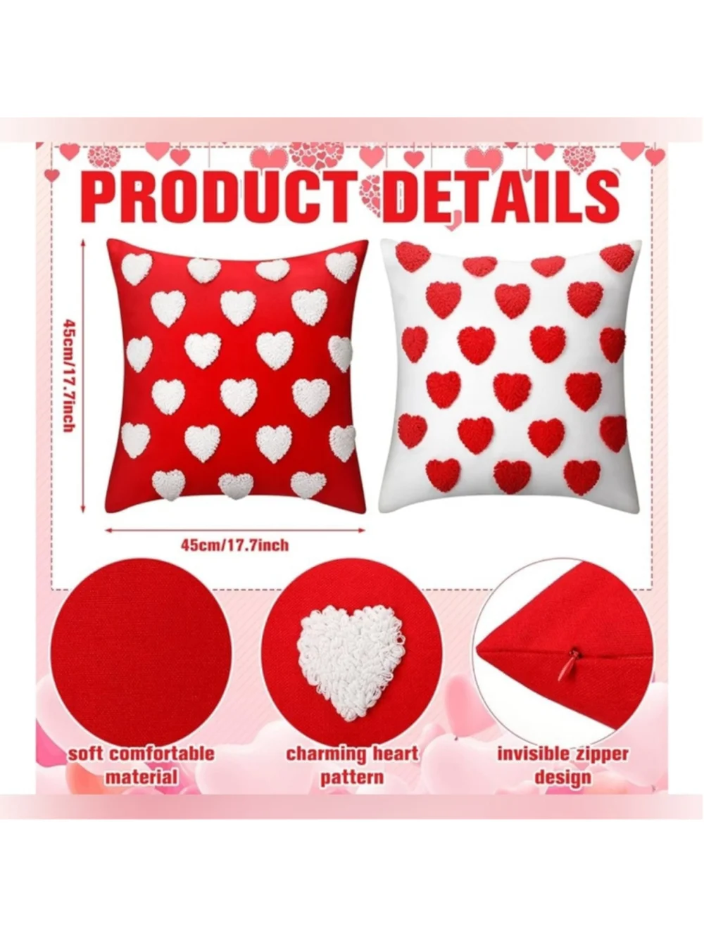 NEW 2 Pc Heart Valentine's Day Throw Pillow Covers Embroidery 18”